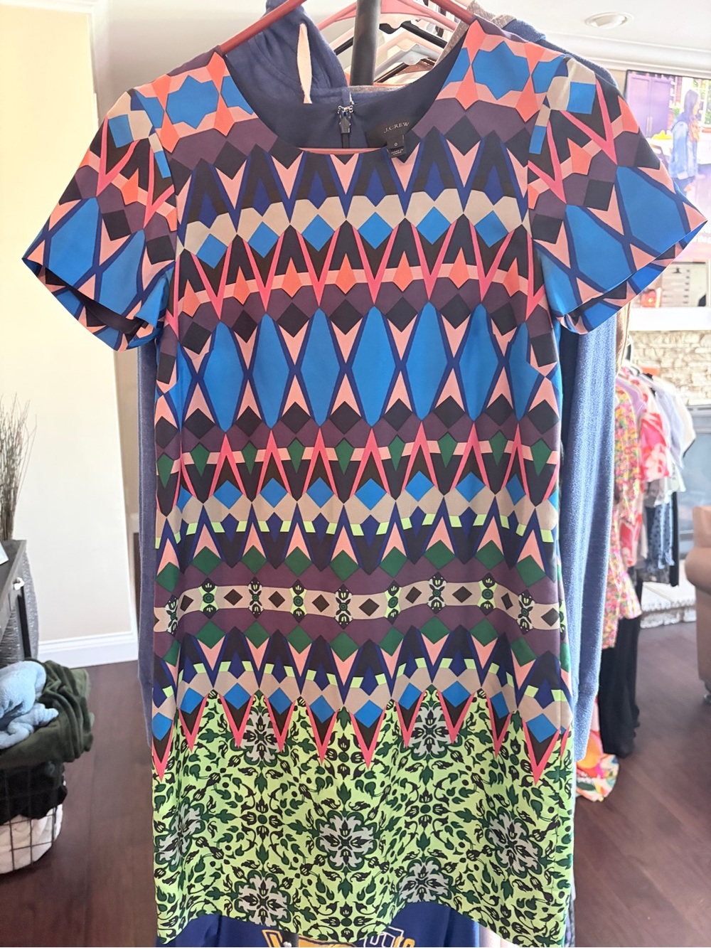 J. Crew Geometric & Floral Mini Dress in Blue, Pink and Green